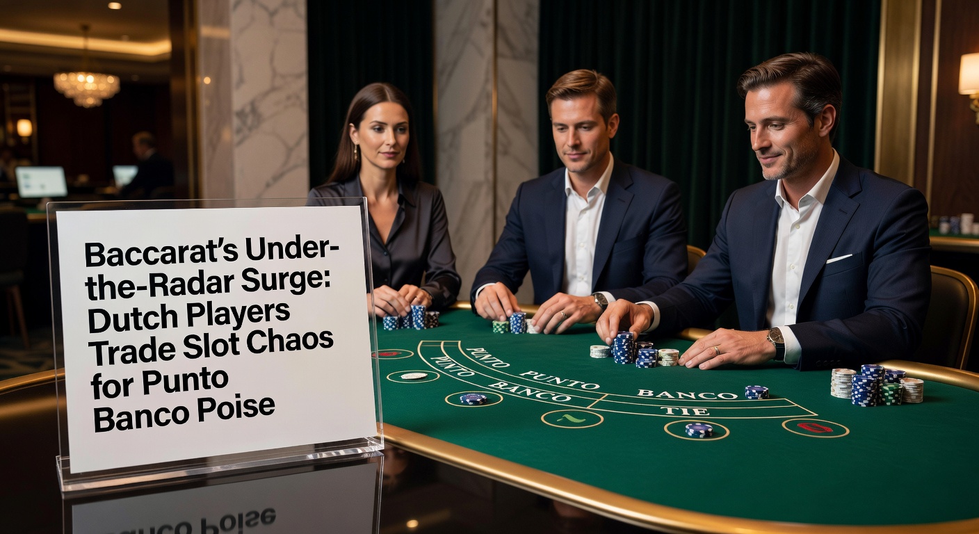 Nederlandse spelers aan een Punto Banco tafel in een online casino, met kaarten en fiches die de serene sfeer benadrukken