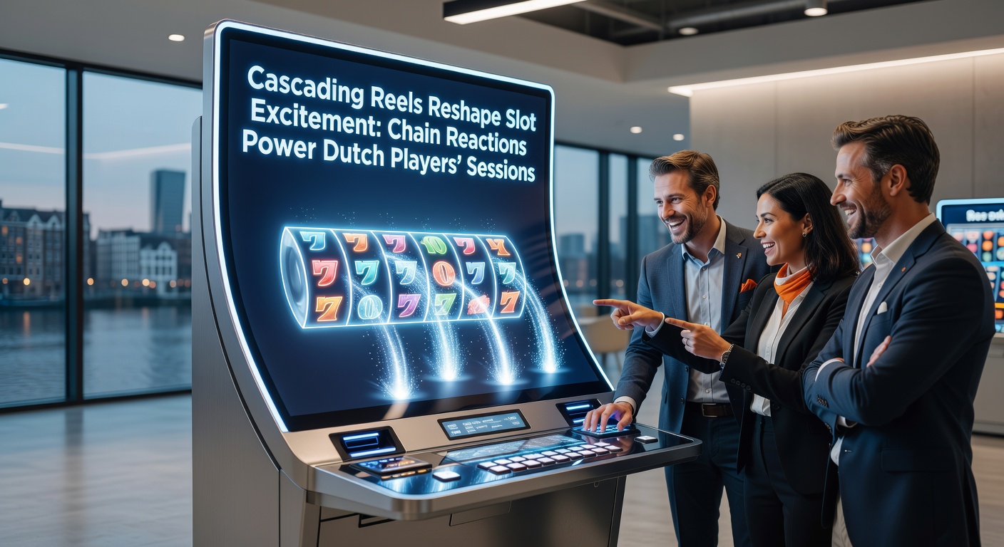 Animatie van cascading reels in actie, met vallende symbolen en kettingexplosies op een slotmachine-scherm