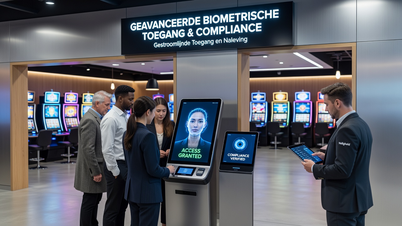 Biometrische verificatie systemen in een Nederlands casino met gezichtsherkenning en vingerafdrukscanners voor snelle toegang