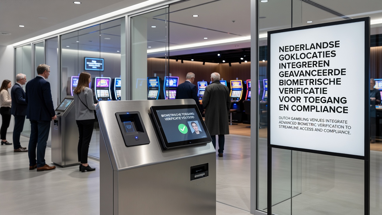 Interieur van een Nederlandse goklocatie met geïntegreerde biometrische toegangspoorten en compliance monitoring schermen