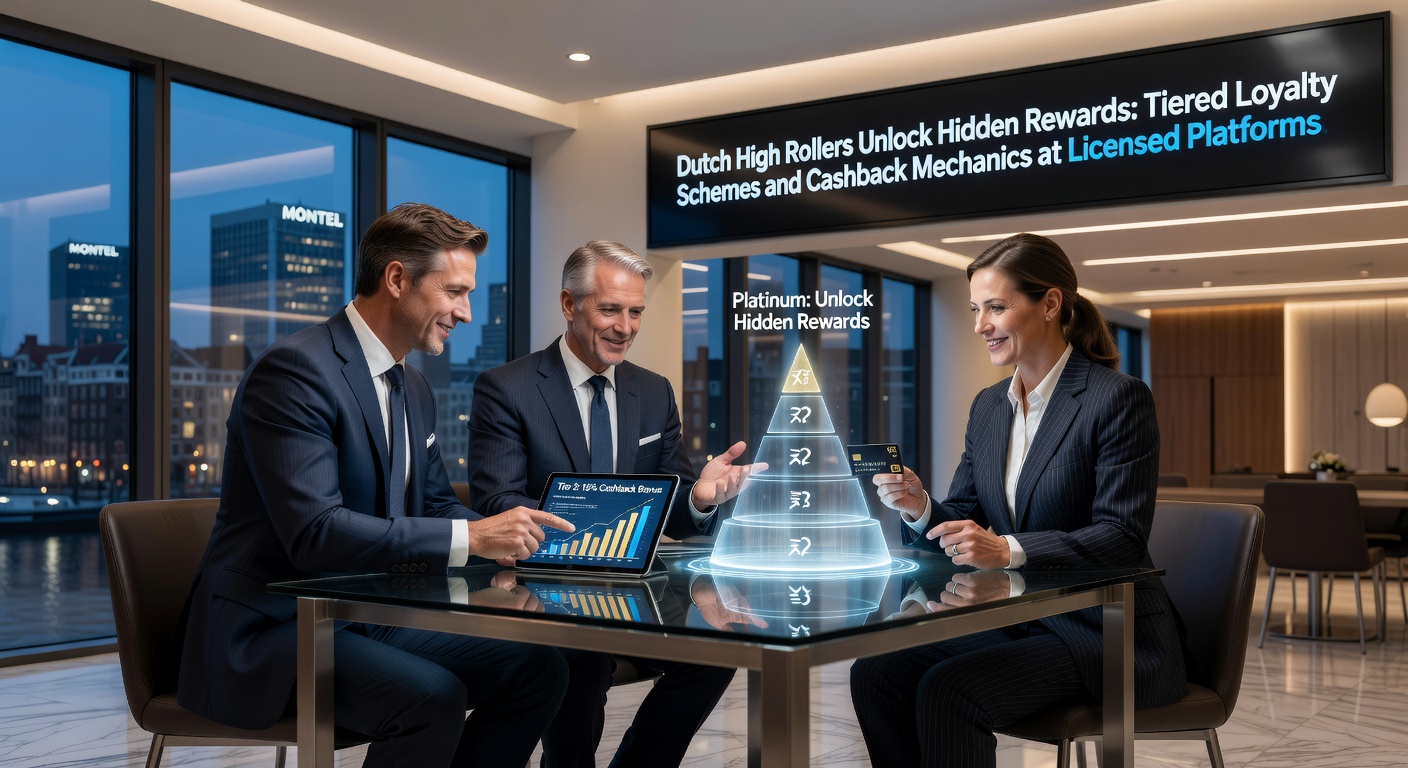 High roller geniet van exclusieve VIP-beloningen in een Nederlands online casino, met tiered loyalty kaarten en cashback iconen op een luxueus scherm