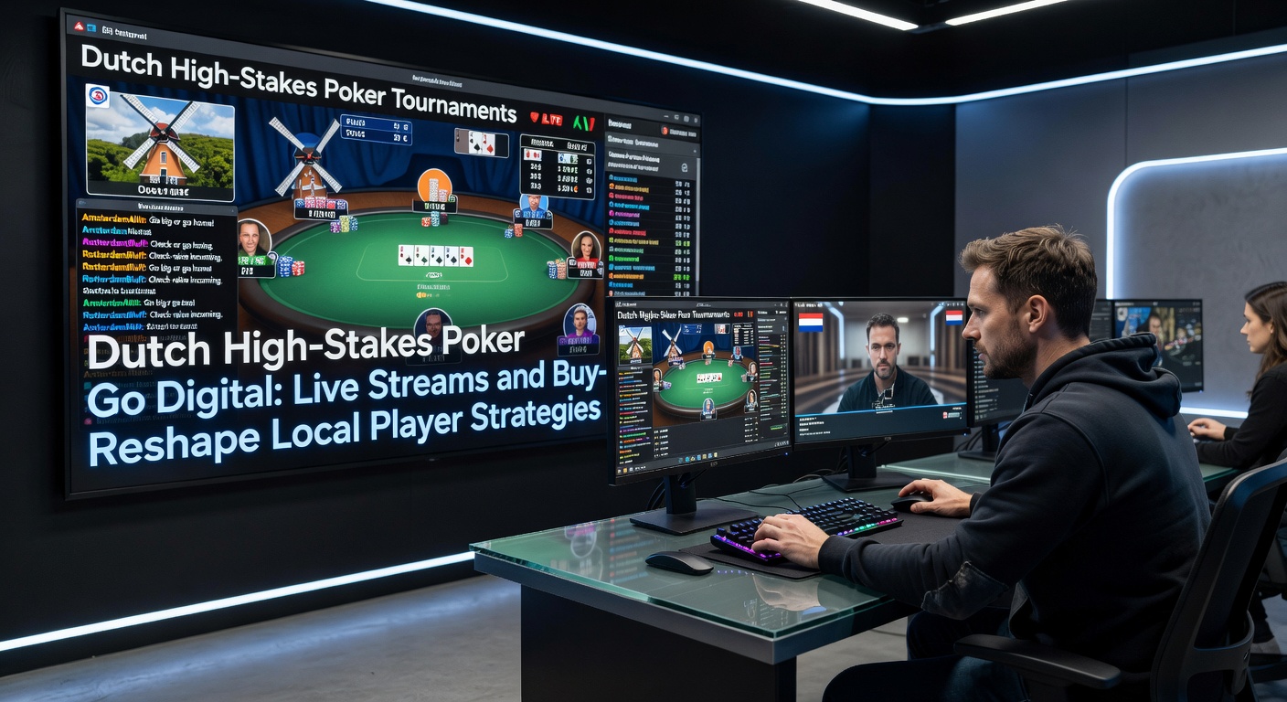 Scherm met live gepokerde stream van een Nederlands high-stakes toernooi, spelers met headsets en chat vol reacties