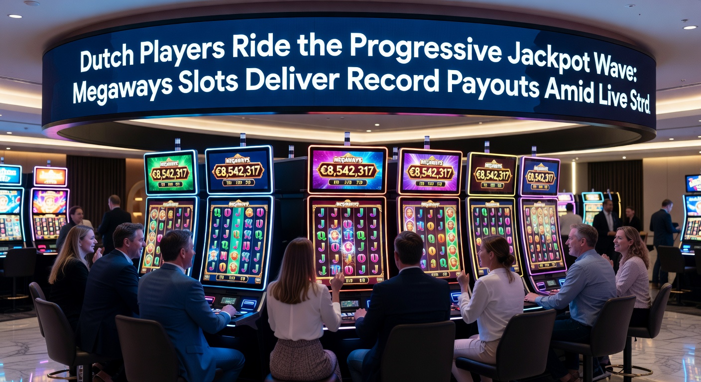 Live streamer met duizenden kijkers viert een progressieve jackpot op een Megaways-slot, chat explodeert met emojis en donaties