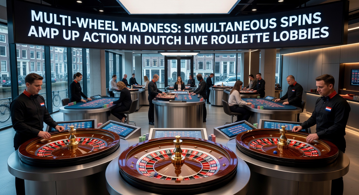 Schermafbeelding van een multi-wheel roulette lobby met acht draaiende wielen, chatvenster vol met enthousiaste Nederlandse spelers en live dealer in actie